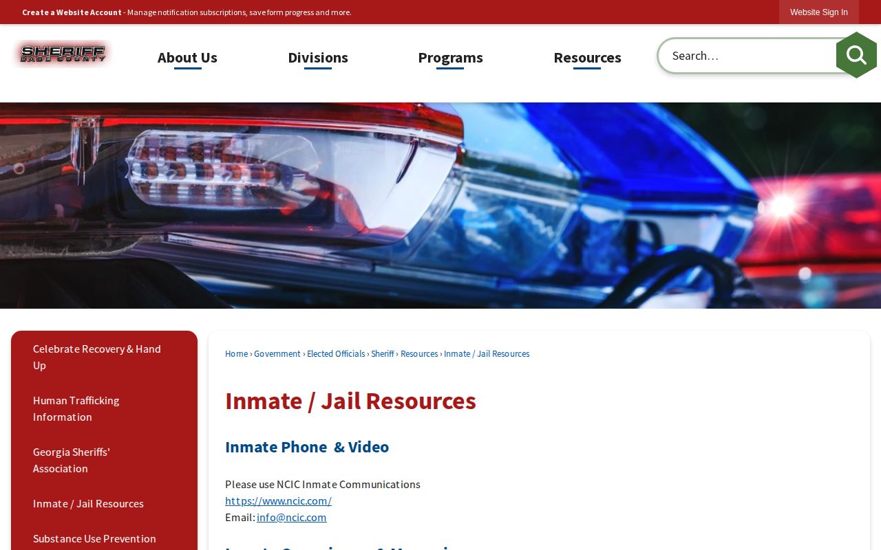 Dade County Jail resources page with current inmate information pending