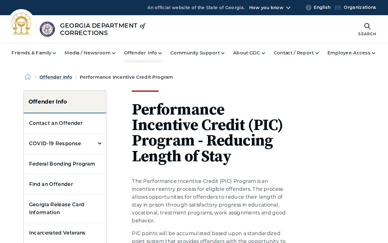 Georgia Department of Corrections Performance Incentive Credit program page