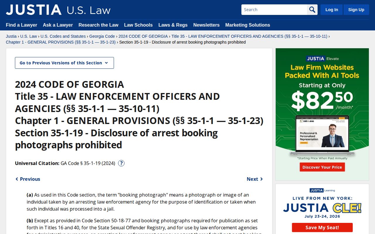 Georgia booking photograph disclosure restriction statute